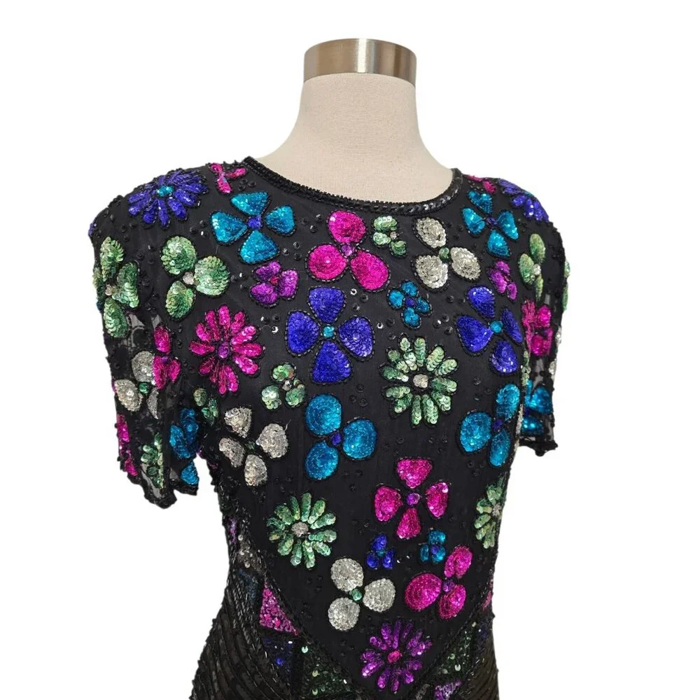 Vintage 90s Fully Sequin Dress Womens Size Medium Black Formal Party Sweelo - Picture 3 of 10